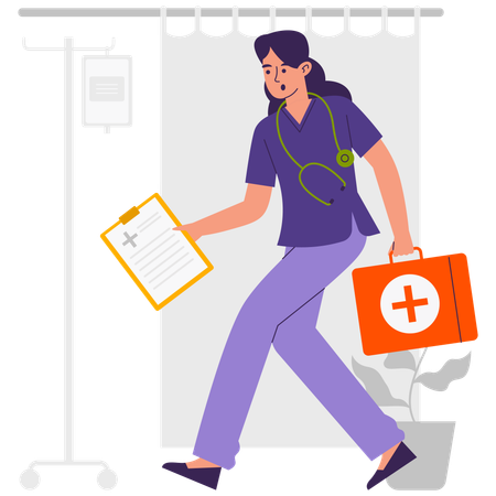 Female Nurse running with first aid kit and medical report  Illustration