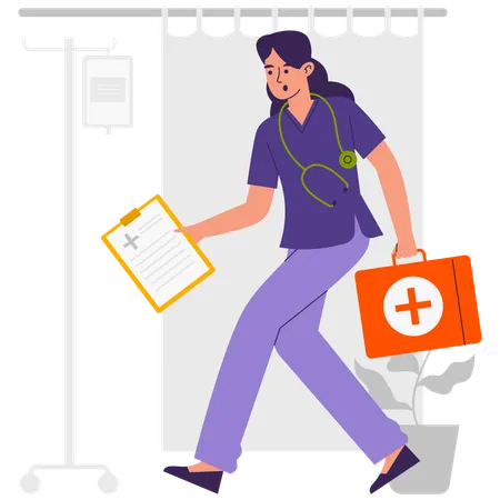 Female Nurse running with first aid kit and medical report  Illustration