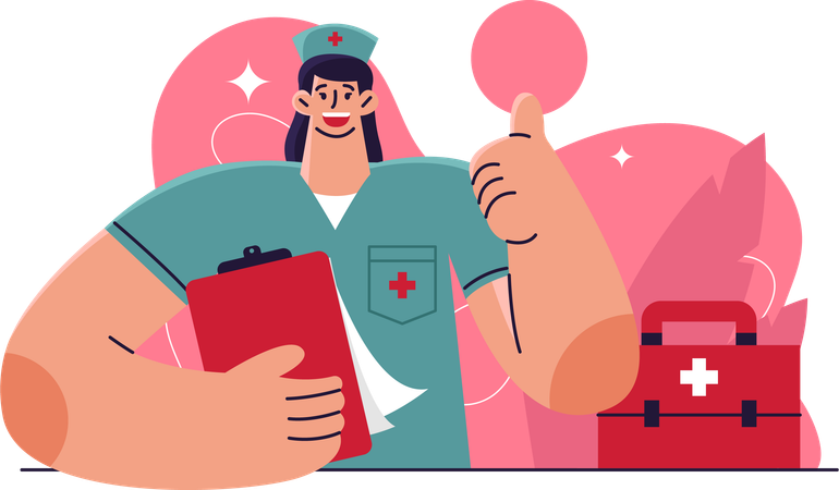 Female nurse showing thumb up with medical report  Illustration