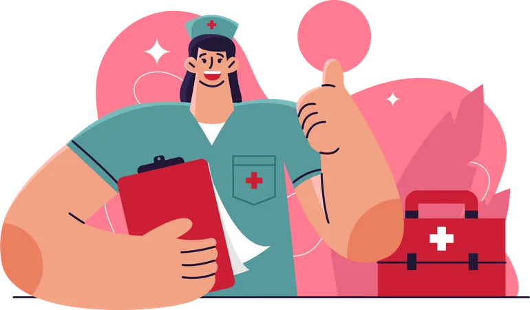 Female nurse showing thumb up with medical report  Illustration