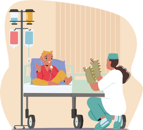 Female nurse supporting and entertaining little boy suffering from cancer  Illustration