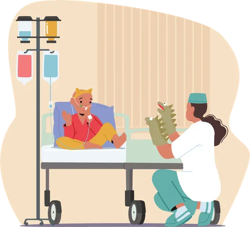 Female nurse supporting and entertaining little boy suffering from cancer  Illustration