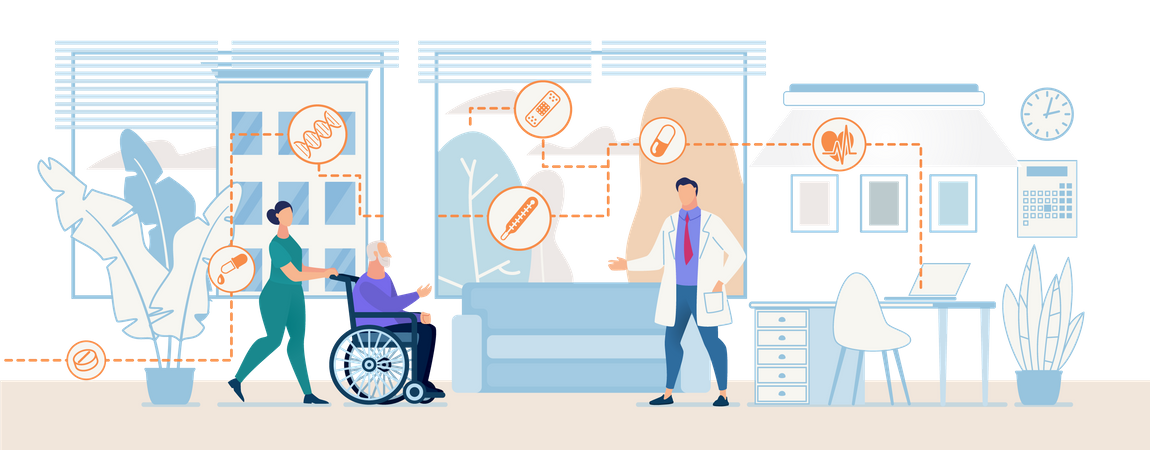 Female Nurse Uniform Carries Old Man Patient Wheelchair Doctor Examination Consultation  Illustration