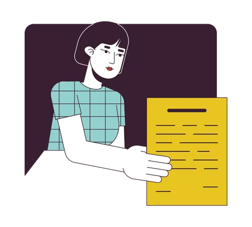 Female Office Worker Giving Document Flat Line Color Vector Character Editable Outline Half Body Person On White Lady Handing Out Paper Simple Cartoon Spot Illustration For Web Graphic Design Illustration