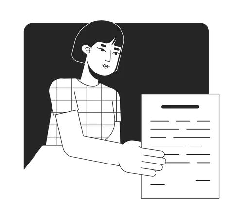 Female Office Worker Giving Document Flat Line Black White Vector Character Editable Outline Half Body Person Lady Handing Out Paper Simple Cartoon Isolated Spot Illustration For Web Graphic Design Illustration