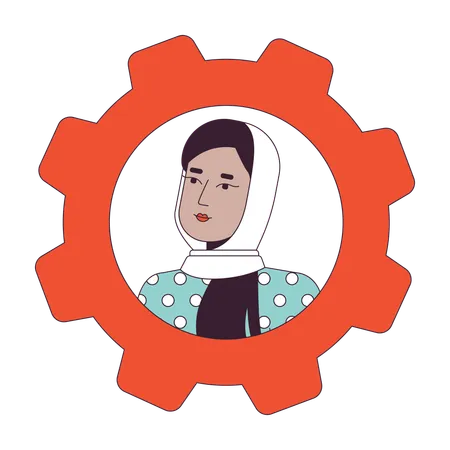 Female Office Worker In Hijab Flat Color Cartoon Avatar Icon Editable 2 D User Portrait Linear Illustration Isolated Vector Face Profile Clipart Userpic Cog Gear Person Head And Shoulders Illustration