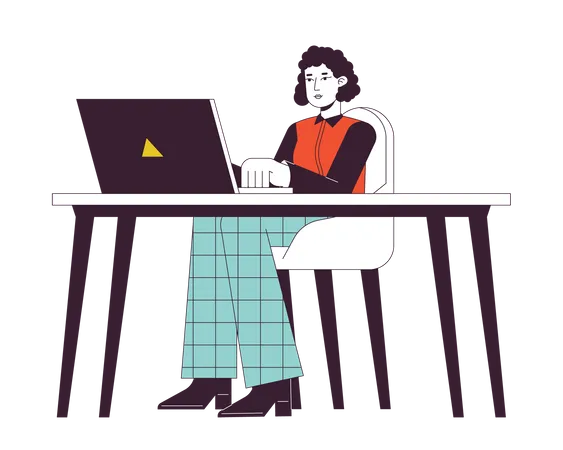 Female Office Worker Sitting At Desk With Laptop Flat Line Color Vector Character Editable Outline Full Body Person On White Freelancer Woman Simple Cartoon Spot Illustration For Web Graphic Design Illustration