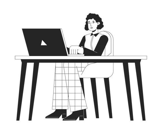 Female Office Worker Sitting At Desk With Laptop Flat Line Black White Vector Character Editable Outline Full Body Person On White Simple Cartoon Isolated Spot Illustration For Web Graphic Design Illustration