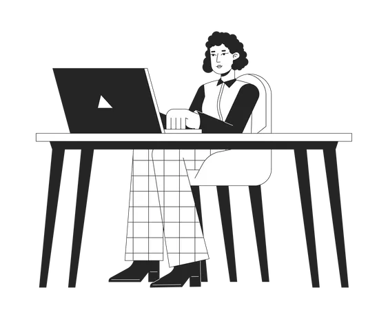 Female office worker sitting at desk with laptop  Illustration