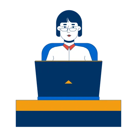 Female office worker typing laptop at desk  Illustration