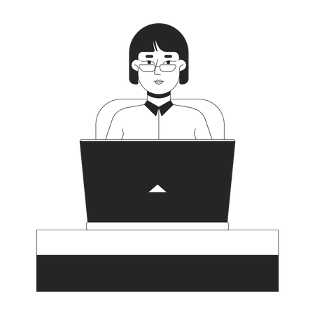 Female office worker typing laptop at desk  Illustration