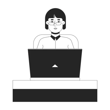 Female office worker typing laptop at desk  Illustration