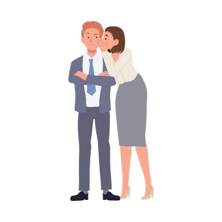 Female office worker whispers gossip to male colleague  Illustration
