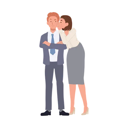 Female office worker whispers gossip to male colleague  Illustration