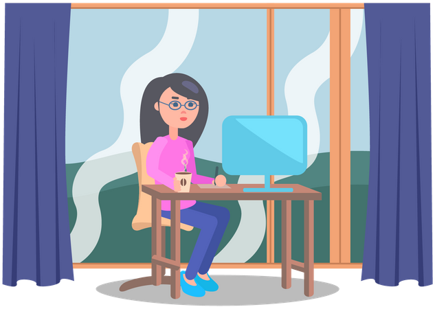 Female office worker working on computer  Illustration