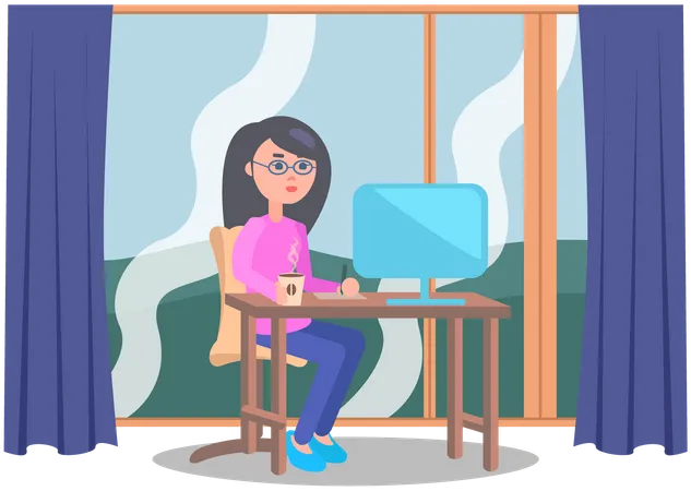 Workplace Of Woman With Digital Pc Office Worker Sitting At Table With Modern Device Businesswoman And Technology Female Employee Sitting At Desk And Using Gadget For Work Or Studying Illustration