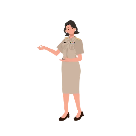 Female Thai Government Officers In Uniform Woman Thai Teacher Welcome As Friendly Vector Illustration Illustration
