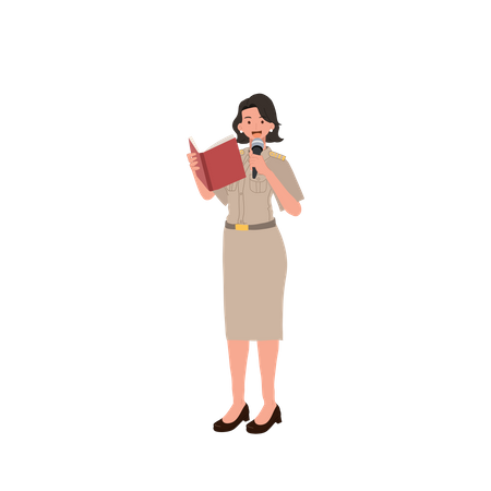 Female officer explaining knowledge from book  イラスト
