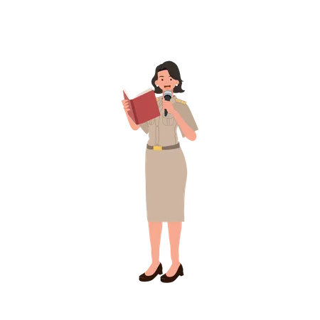 Female Thai Government Officers In Uniform Woman Thai Teacher Explaining Knowledge From Book Vector Illustration イラスト