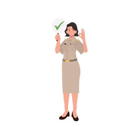 Female Thai Government Officers In Uniform Woman Thai Teacher Holding Correct Check Mark Sign And Doing OK Hand Sign Good Vector Illustration Illustration