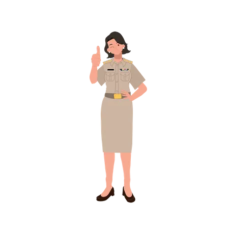 Female Thai Government Officers In Uniform Woman Thai Teacher Giving Thumb Up Good Job Very Well Vector Illustration Illustration