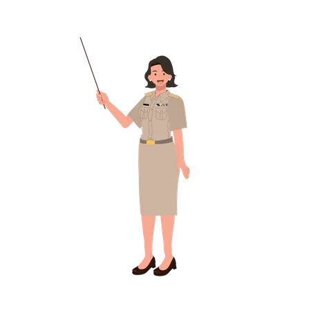 Female Thai Government Officers In Uniform Woman Thai Teacher Holding Pointer Stick Explaining Knowledge Vector Illustration Illustration