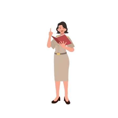 Female Thai Government Officers In Uniform Woman Thai Teacher Explaining Knowledge From Book Vector Illustration Illustration