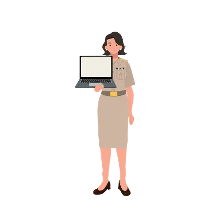 Female Thai Government Officers In Uniform Woman Thai Teacher Holding Showing Laptop Vector Illustration Illustration