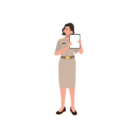 Female Thai Government Officers In Uniform Woman Thai Teacher Holding Showing Big Tablet Vector Illustration Illustration