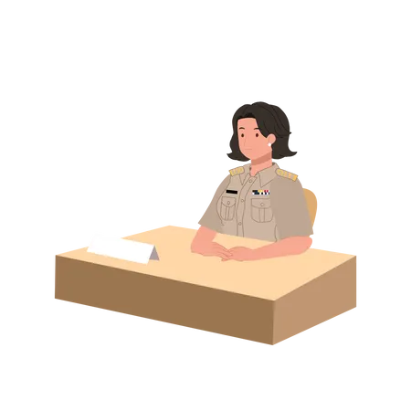 Female Thai Government Officers In Uniform Woman Thai Teacher Is Sitting In Her Work Desk Vector Illustration Illustration