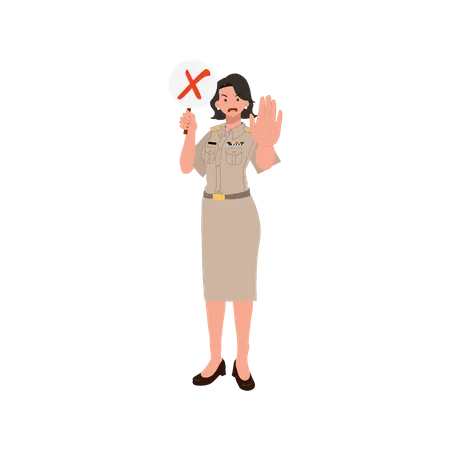Female Thai Government Officers In Uniform Woman Thai Teacher Holding False Incorrect Wrong Mark Sign Vector Illustration Illustration