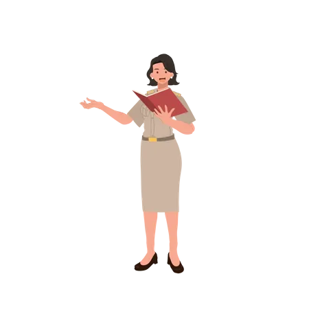 Female Thai Government Officers In Uniform Woman Thai Teacher Explaining Knowledge From Book Vector Illustration Illustration