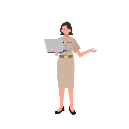 Female officer working on laptop  Illustration