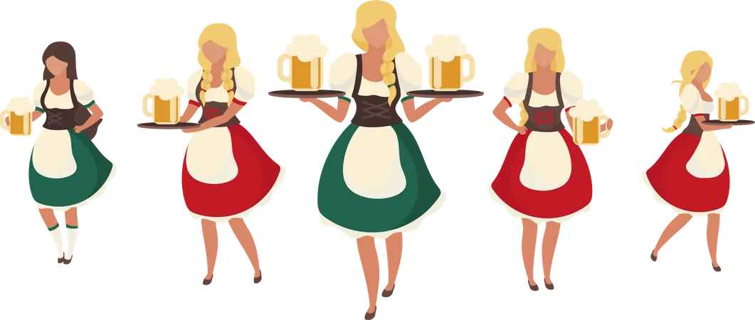 Female Oktoberfest Beer Servers Semi Flat Color Vector Characters Full Body People On White Waitresses Wearing Dirndls Isolated Modern Cartoon Style Illustration For Graphic Design And Animation Illustration