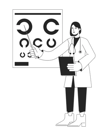 Female Ophthalmologist With Eye Chart Flat Line Black White Vector Character Editable Isolated Outline Full Body Person Simple Cartoon Style Spot Illustration For Web Graphic Design Animation Illustration
