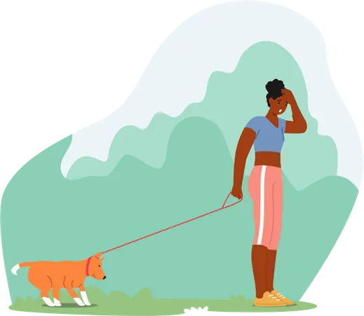 Female owner pull on leash stubborn dog reluctant to go  Illustration