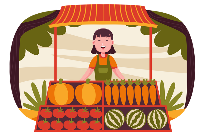 Female owner standing at fruit stall  Illustration