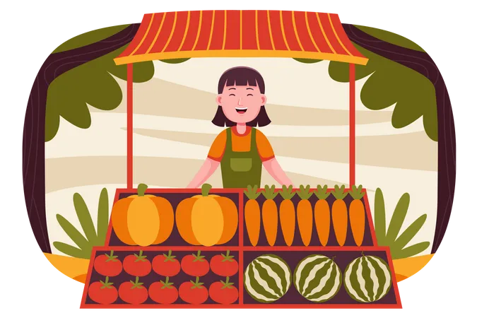 Female owner standing at fruit stall  Illustration