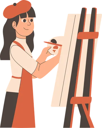 Female painter doing canvas painting  Illustration