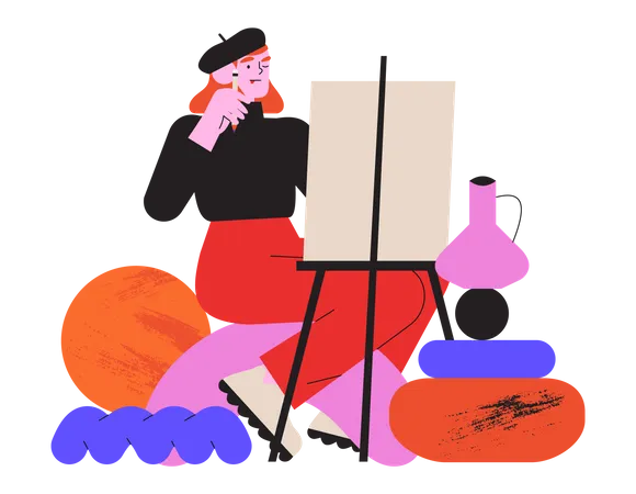 Female Artist Working With Oil Paint Drawing Still Life With A Brush On A White Canvas Creative Idea For Drawing Or Art Classes Lessons Or Online Courses Vector Graphic For Ui Or Website Project Illustration