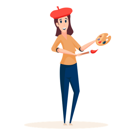 Female painter holding brush and color pad  Illustration