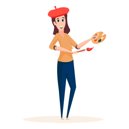 Female painter holding brush and color pad  イラスト