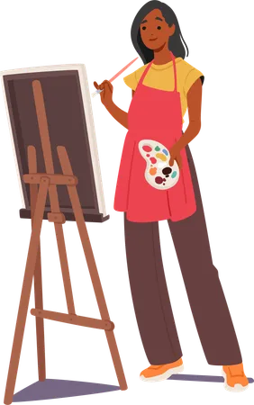 Female Artist Character Immersed In Creativity Skillfully Applies Vibrant Strokes To A Canvas On An Easel Bringing Her Imagination To Life In A Visual Symphony Cartoon People Vector Illustration Illustration
