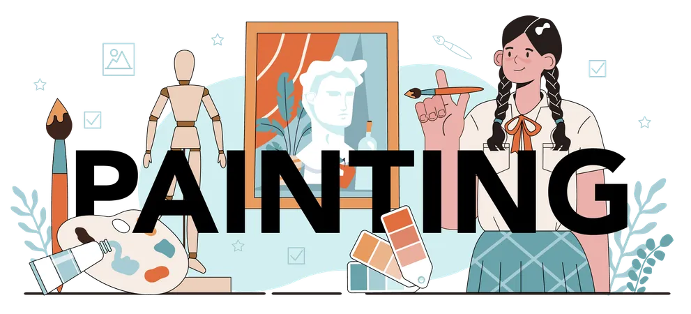 Painting Education Typographic Header Art School Student Holding Art Tools Learning How To Draw And Craft Scetching And Coloring Classes Flat Vector Illustration Illustration