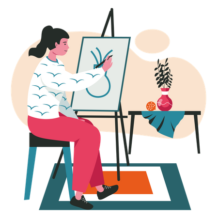 Female painter painting on canvas  イラスト