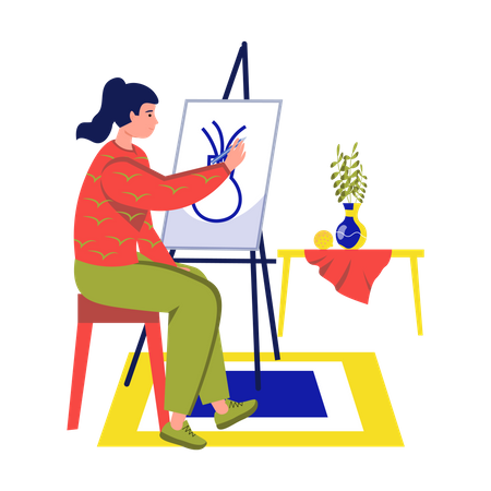 Female painter painting on canvas  イラスト