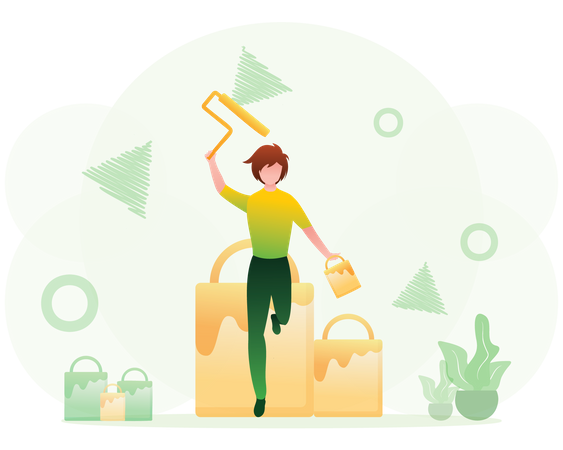 Female Painter painting wall  イラスト