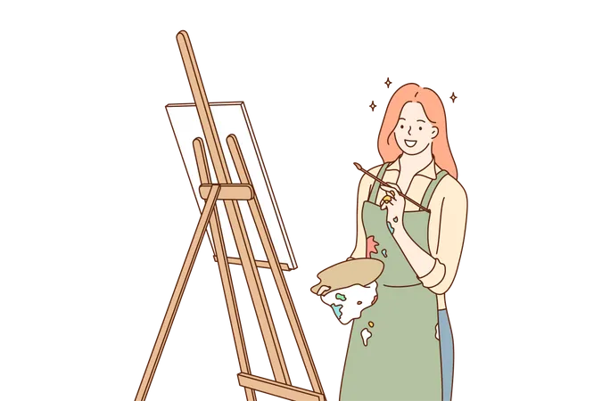 Profession Art Work Creativity Concept Young Happy Smiling Woman Girl Artist Cartoon Character Works With Paintbrush Draws Paintings Or Pictures Creative Occupation Or Leisure Hobby Illustration Illustration