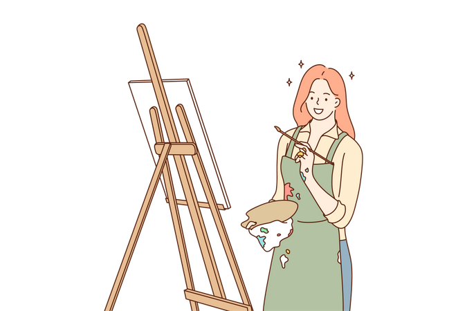 Female painter with paint brush making painting  イラスト