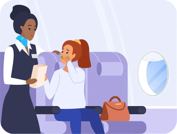 Female passengers feeling vomiting on flight  Illustration
